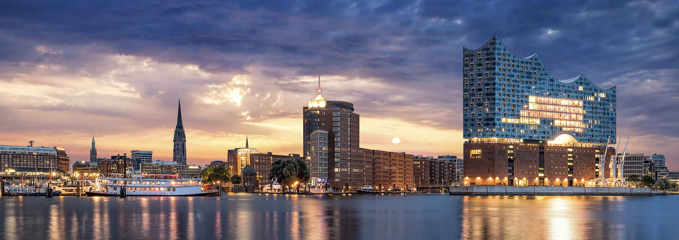 The Elbe in Hamburg with the Landungsbrucken and Elbphilharmonie.