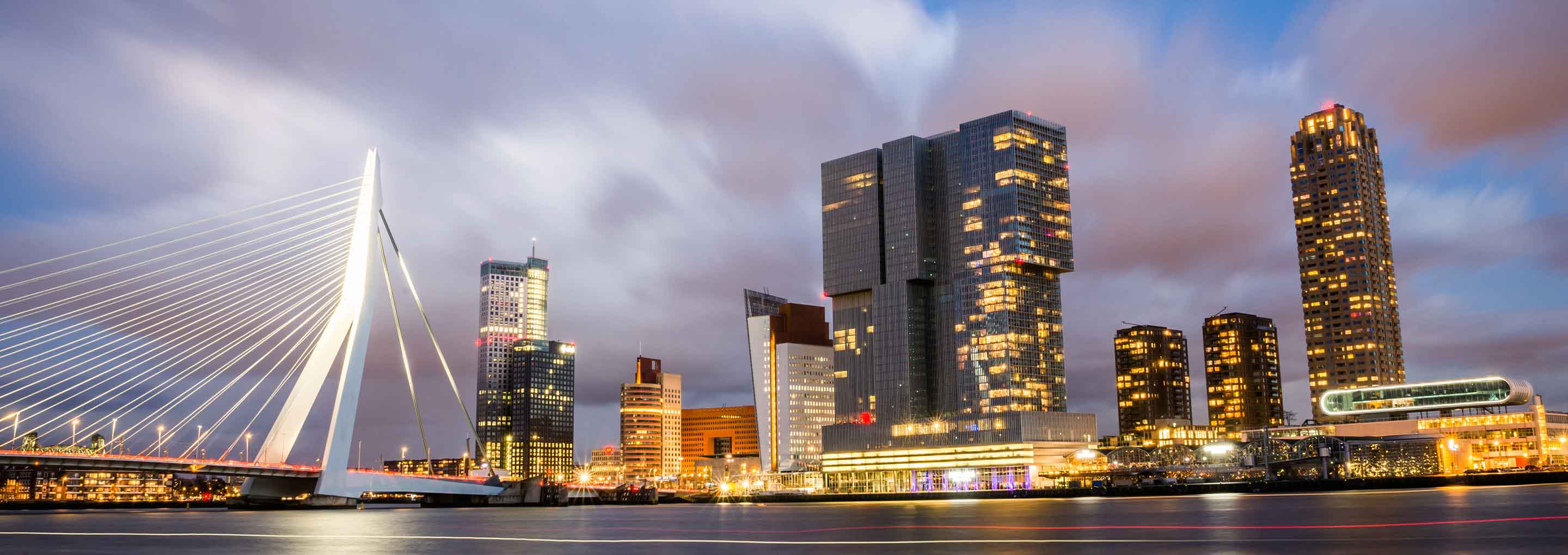Skyline of Rotterdam with the Erasmus Bridge and De Rotterdam.