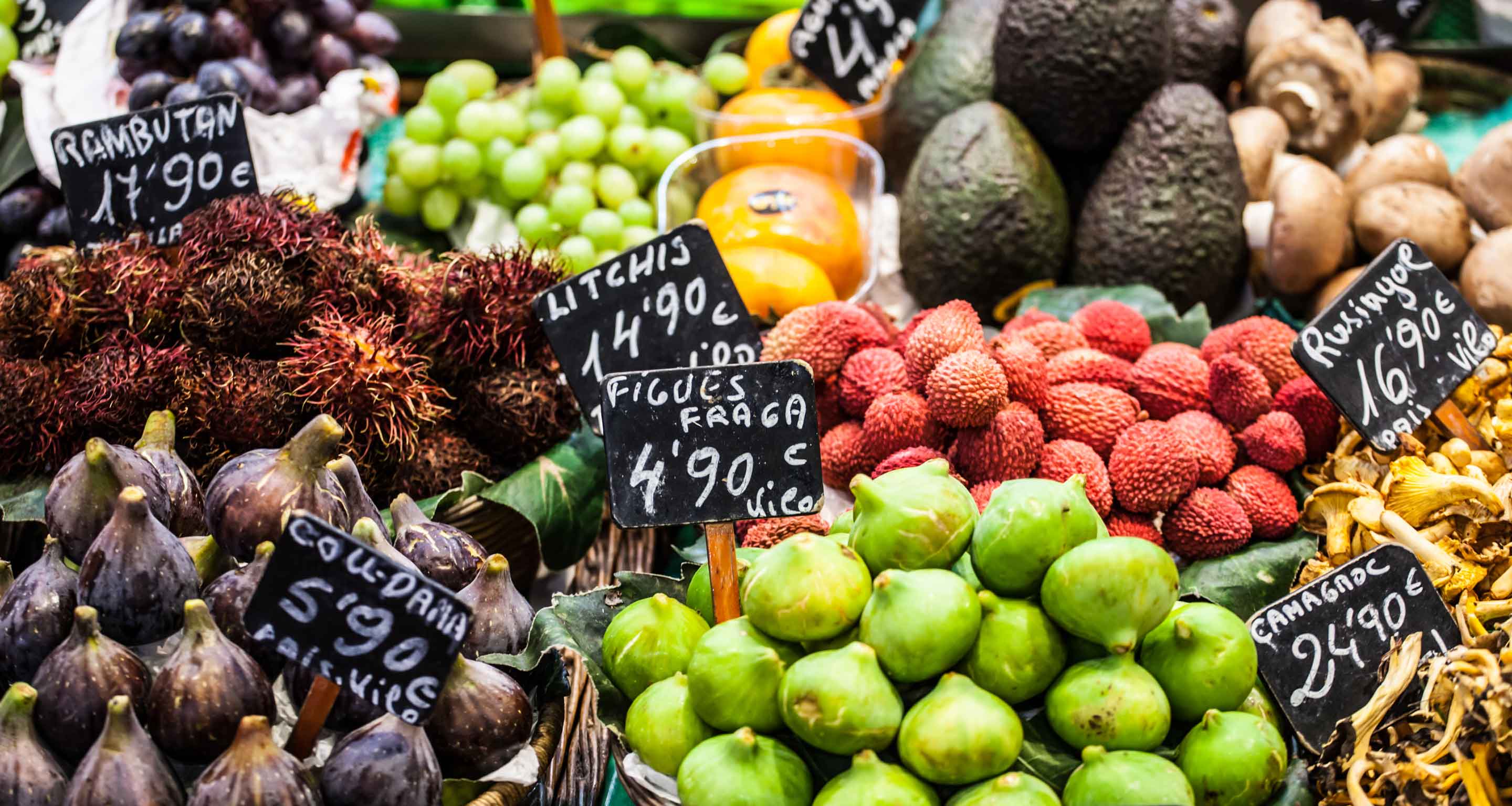 Fresh products at La Boqueria Market in Barcelona.