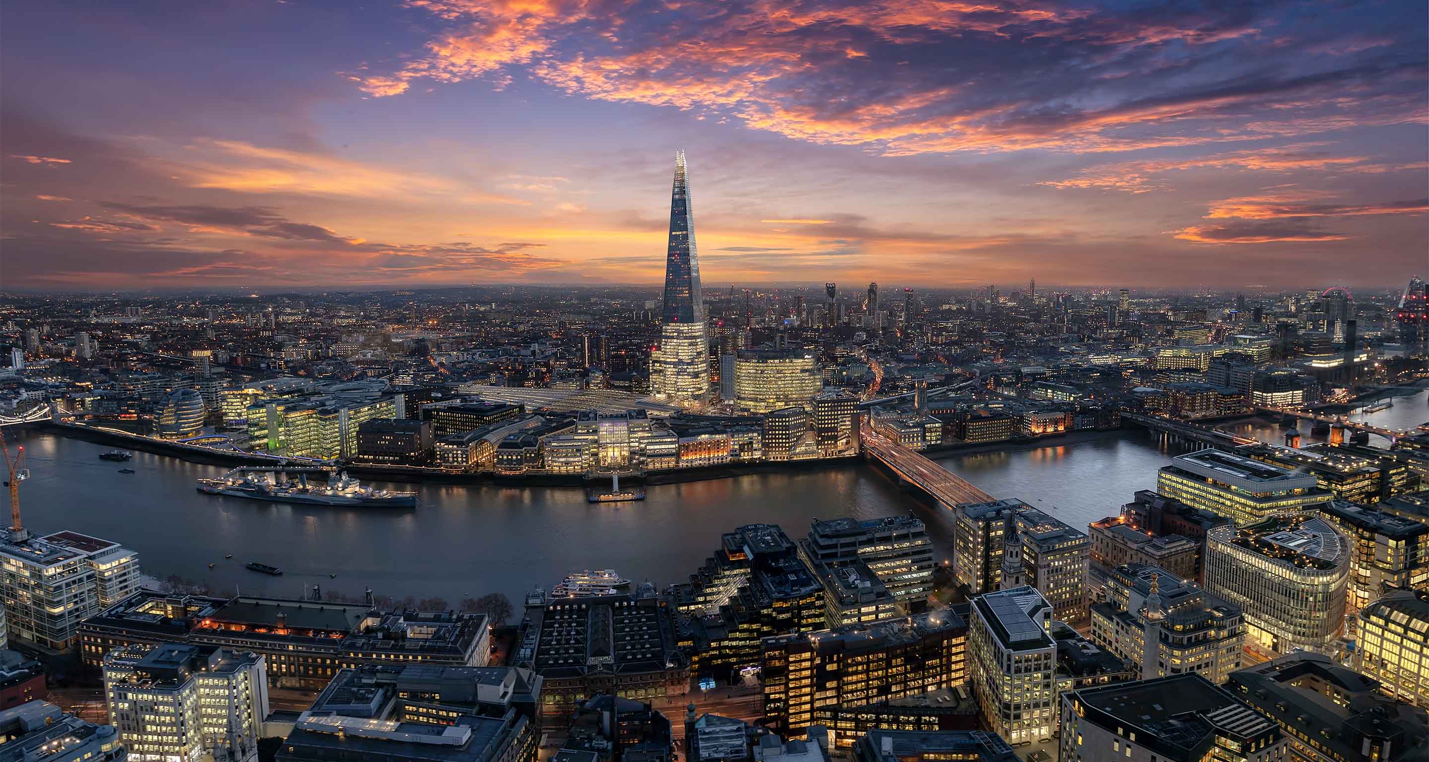 Evening view over London with the Shard.